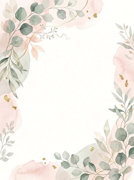水彩画風の淡いピンクとグリーンの植物をあしらったエレガントな金箔入りウェディングフレーム