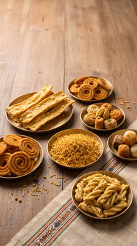 Traditional Gujarati festive snacks including fafda, chakri, sev and ganthiya for Diwali.