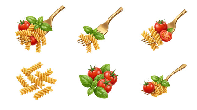 Set of fusilli pasta twists with fresh red tomatoes and green basil leaves on gold forks and loose pieces isolated on a transparent background