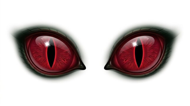 Glowing Red Monster Eyes with Vertical Slit Pupils and Green Scaly Skin Isolated on White Background