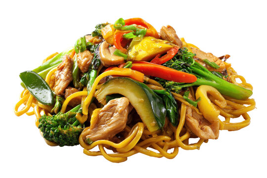 Colorful stir-fried vegetable noodles with shrimp and broccoli isolated on transparent background. Vibrant chicken lo mein with assorted vegetables isolated on white background.