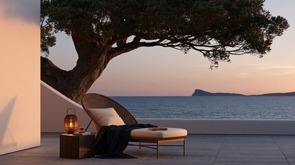 Fototapeta premium Serene Mediterranean patio with modern chaise lounge and ocean view at sunset