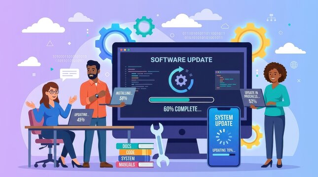 Software Update and System Maintenance Concept with Diverse Team of Developers Working on Modern Technology Devices