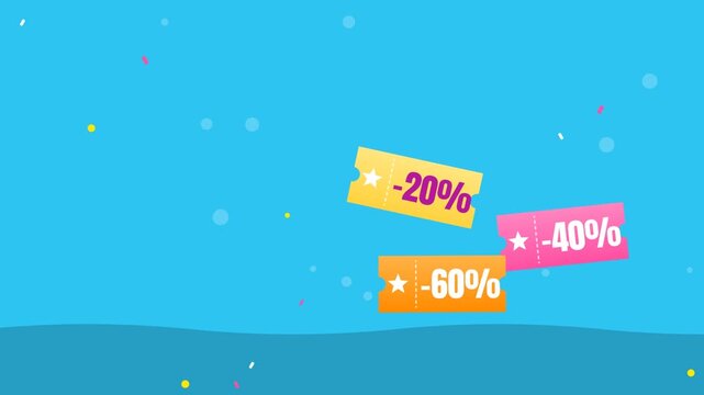 Floating discount coupon tickets -20% -40% -60% with copy space for text on sky blue background, seamless loop flat animation