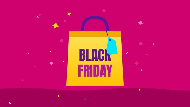 Yellow Black Friday shopping bag with swinging tag and sparkles on magenta background, seamless loop flat animation