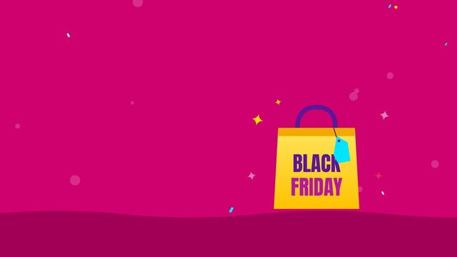 Yellow Black Friday shopping bag with swinging tag and sparkles with copy space for text on magenta background, seamless loop flat animation