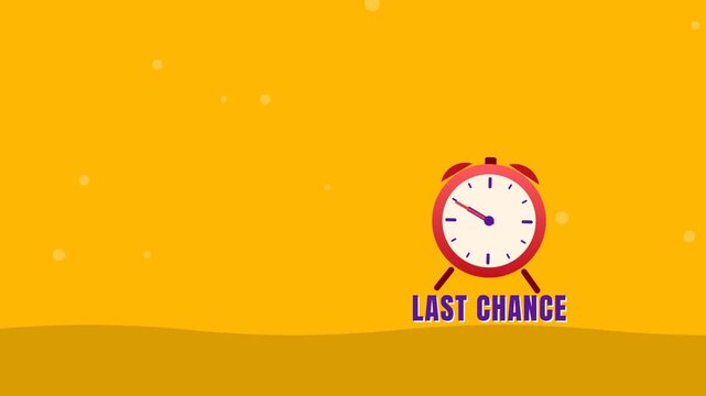 Last Chance alarm clock with ticking hand, limited time offer with copy space for text on orange background, seamless loop flat animation