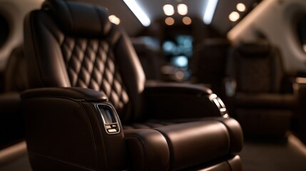 Naklejka premium Luxurious Private Jet Interior with Plush Leather Seating and Ambient Lighting