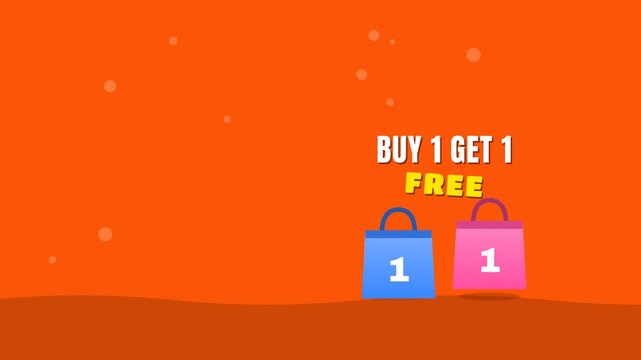 Buy 1 Get 1 Free text with two bouncing shopping bags with copy space for text on orange background, seamless loop flat animation