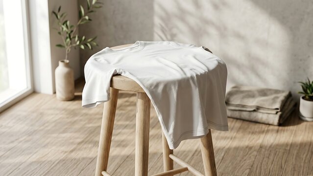 Blank White T-shirt Mockup Placed on a Wooden Stool in a Bright Minimalist Room with Natural Sunlight and Leaf Shadows, Clean Aesthetic Apparel Template for Fashion Branding and Design