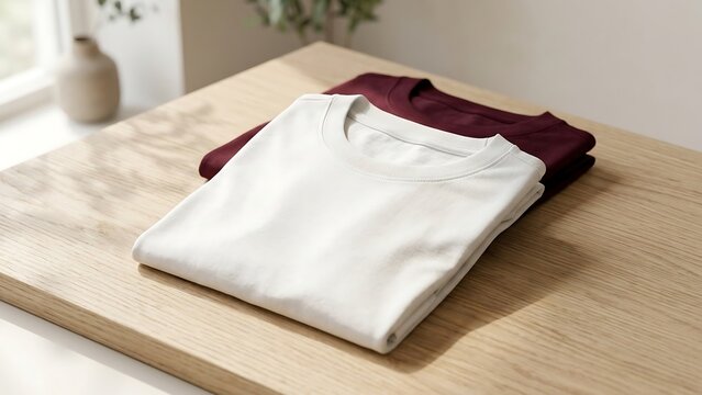 Neatly Folded Blank White and Burgundy Cotton T-shirts on a Light Wooden Table, Minimalist Apparel Mockup for Fashion Brand Presentation with Soft Natural Sunlight and Shadow
