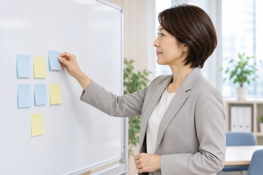 ホワイトボードの付箋でアイデアを整理する日本人女性社員