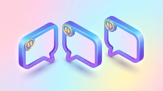 Three dimensional speech bubbles with quote marks for social media