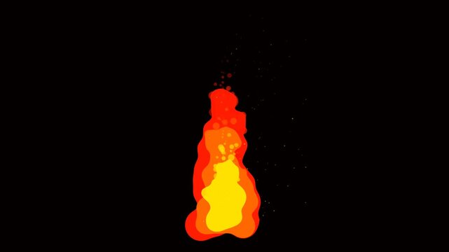 A vibrant and dynamic animated 2D fire flame flickering against a dark background with rising sparks. Ideal for gaming streams, video effects, cartoon animations, energy concepts, and action intros