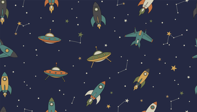 Seamless pattern of colorful retro spaceships rockets and stars on a dark navy blue background representing the night sky.