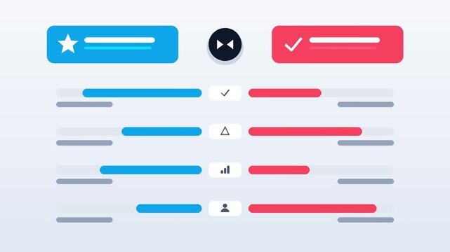 Comparison infographic animation, two options side by side with versus badge and opposing bar charts, pros and cons template with empty text placeholders, product or plan comparison for presentation v