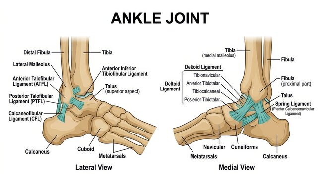 Detailed Medical Illustration of Human Ankle Joint Anatomy Showing Lateral and Medial Views with Bones and Ligaments