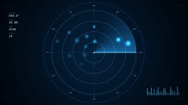 Radar scanning interface for military surveillance navigation target detection security monitoring and defense technology animation