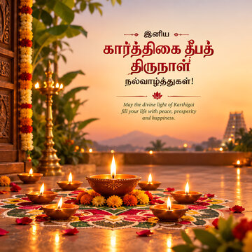 Happy Karthigai Deepam Greeting with Glowing Clay Oil Lamps Arranged on Traditional Kolam Floor Art, South Indian Festival Celebration