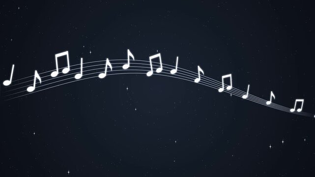 Music notes flowing on staff lines for musical melody song composition classical concert and elegant holiday greeting animation