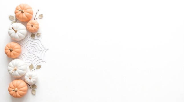 Minimalist White and Orange Pumpkins Flat Lay on Pure White Presentation Background
