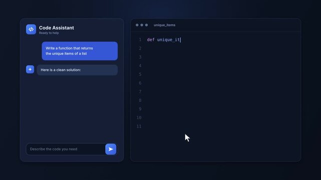 AI coding assistant generating software code from developer prompt for automated programming debugging and faster application development workflow animation