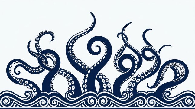 Stylized Octopus Tentacles Emerging from Ocean Waves Graphic Illustration in Blue and White