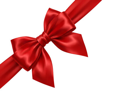 Elegant diagonal red satin ribbon bow for gift corner decoration isolated on white