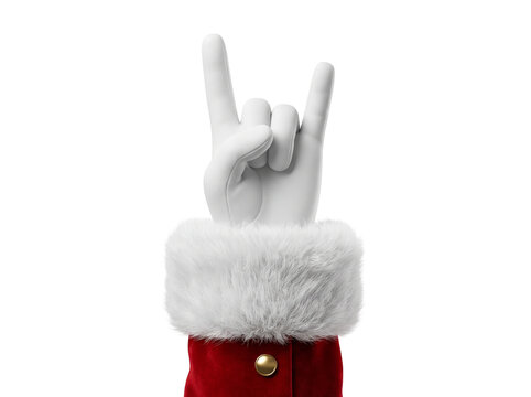 Santa Claus hand in white glove showing rock on gesture isolated on white background