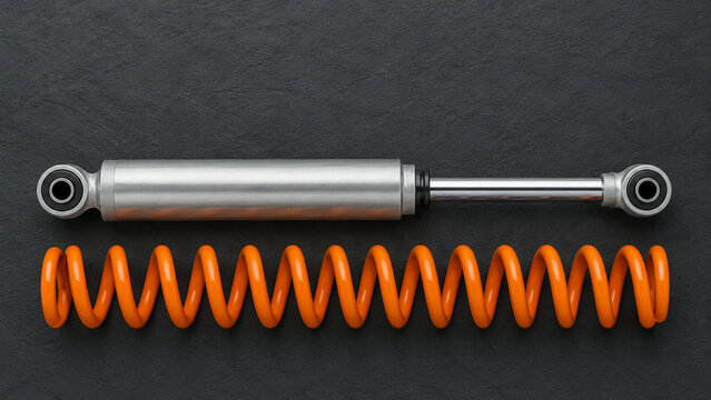 Silver piston damper beside an orange coil spring