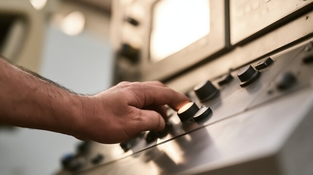 Close-up shot of a hand adjusting controls on industrial machinery for precise operation