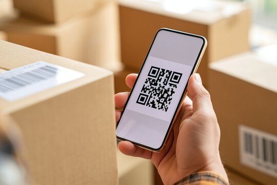 Smartphone scanning QR code on package for logistics, inventory, or delivery tracking