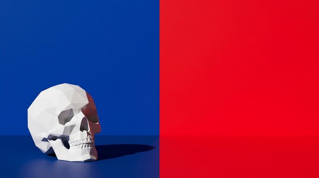 Minimalist White Geometric 3D Skull on Vibrant Red and Blue Split Background