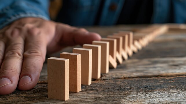 Hand Stopping a Line of Falling Dominoes to Prevent Chain Reaction on Wooden Surface