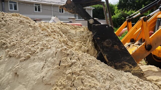 Backhoe loader scoops sand with its front bucket outdoors in direct daylight, Hydraulic arms lift aggregate beside a new residential building