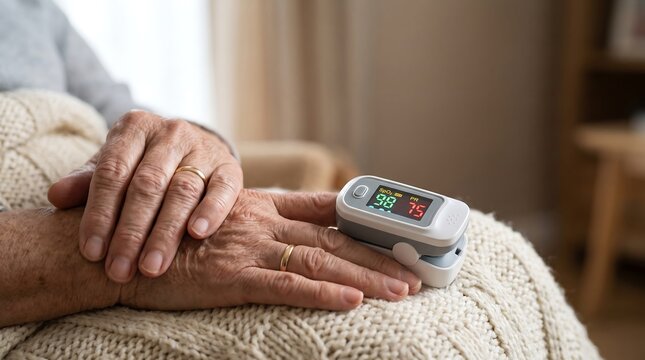 Elderly woman hand wearing gold ring using white pulse oximeter on cream knit blanket during morning for home health monitoring