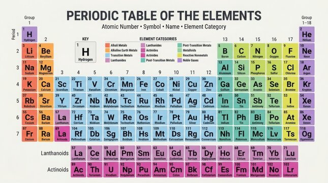 Periodic table of elements chart with atomic numbers and chemical