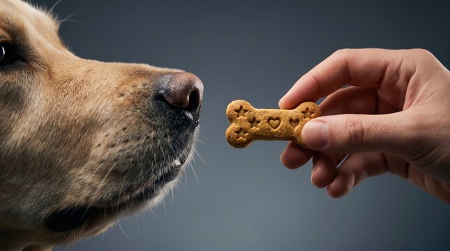Human hand offers a bone shaped biscuit to an attentive dog in a clean close up training scene, in a detailed contemporary studio setting