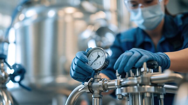 Scientist in sterile protective gear meticulously adjusts pressure gauge on industrial brewing or chemical processing equipment