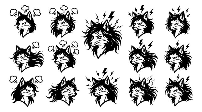 Black and white vector icon set featuring a furious anthropomorphic fox female character with long hair, showing anger with steam clouds and lightning bolt symbols in three-quarter view.