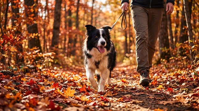 Border collie walks on a leash beside its owner through a sunlit autumn forest covered with fallen leaves, in a natural modern setting