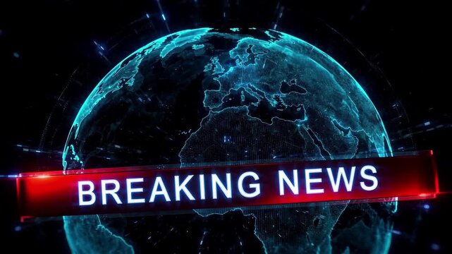 Breaking News Banner Overlays Digital Globe in Studio Setting Cinematic Style for Media Broadcast or Emergency Alert Visuals