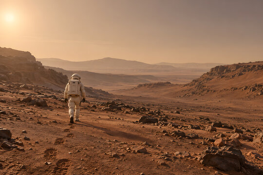 Astronaut Walking across Mars with Bootprints Future Concept