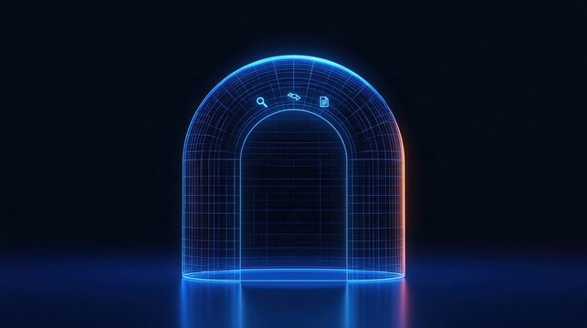 Futuristic Holographic Archway Portal with Digital Icons, Representing Technology and Innovation