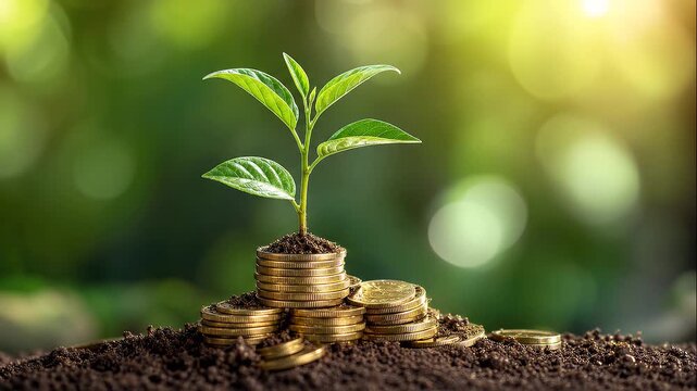 Young green plant growing from stacks of golden coins symbolizing financial growth and investment success