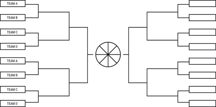 Tournament bracket template with team matchups, elimination rounds, championship progression diagram, blank team labels, and central basketball court style symbol illustration