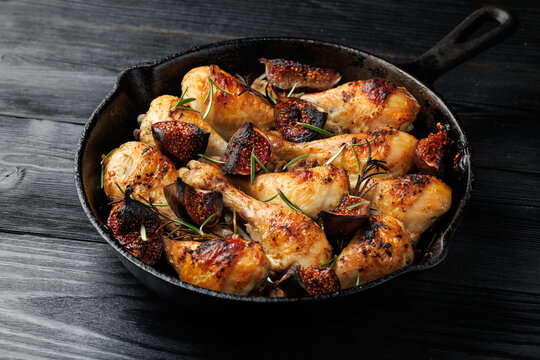 Roasted Chicken Drumsticks with Figs and Rosemary in Cast Iron Skillet