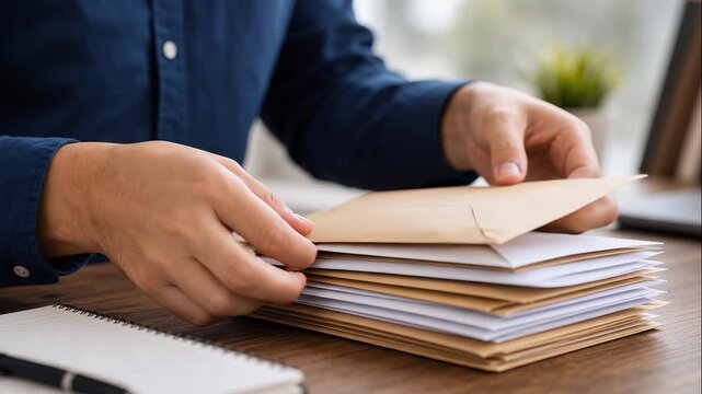 Person organizing mail and envelopes on wooden desk near notepad and plant in office setting