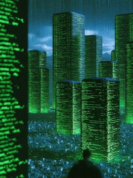 Futuristic cityscape with towering skyscrapers displaying glowing green digital code under a stormy, dark sky