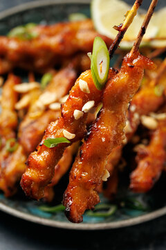 Grilled Chicken Satay Skewers with Peanuts, Spring Onions and Lime